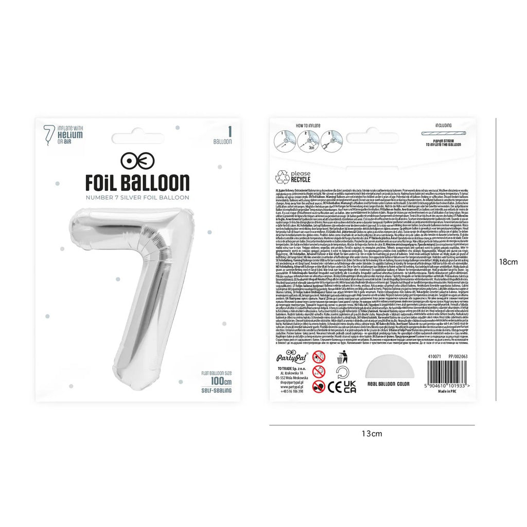 Folienballon Zahl Nr. 7 silber 86cm