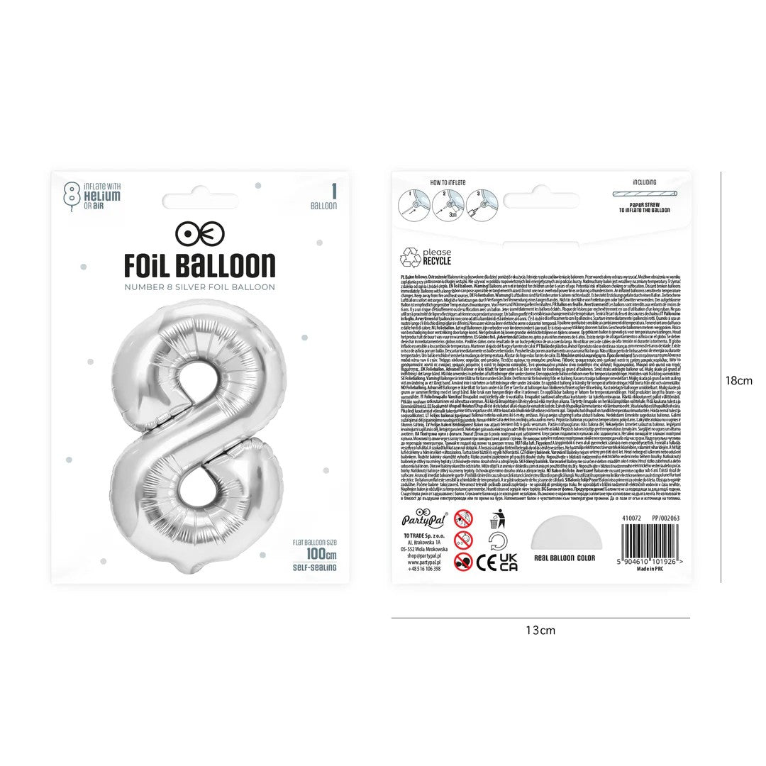 Folienballon Zahl Nr. 8 silber 86cm
