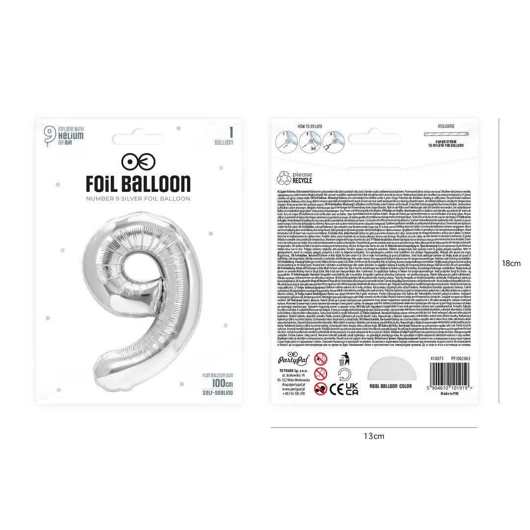 Folienballon Zahl Nr. 9 silber 86cm