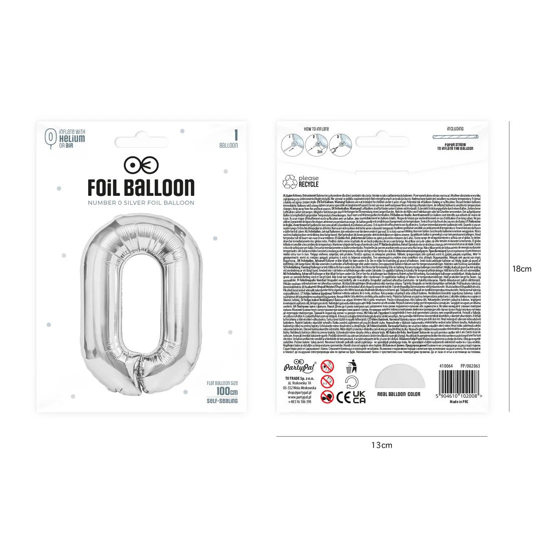 Folienballon Zahl Nr. 0 silber 86cm