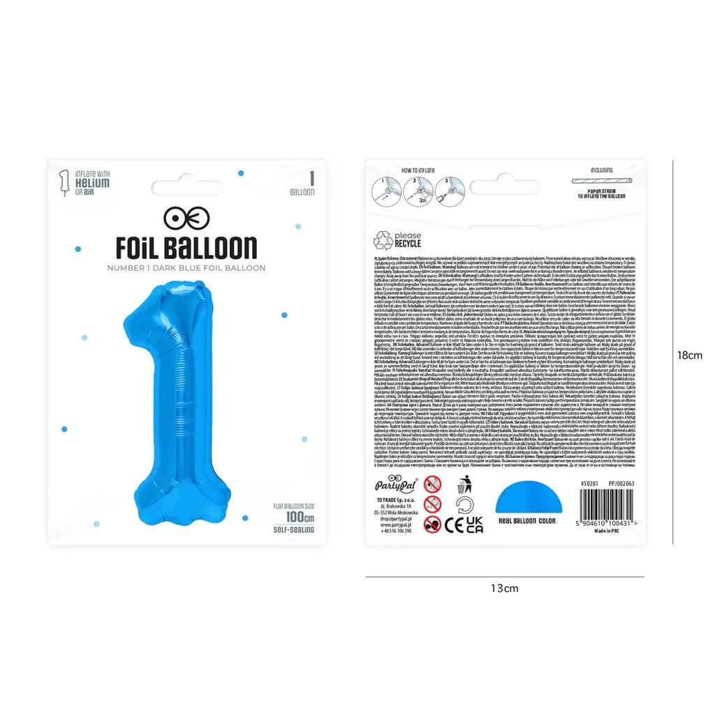 Folienballon Zahl Nr. 1 blau 86cm