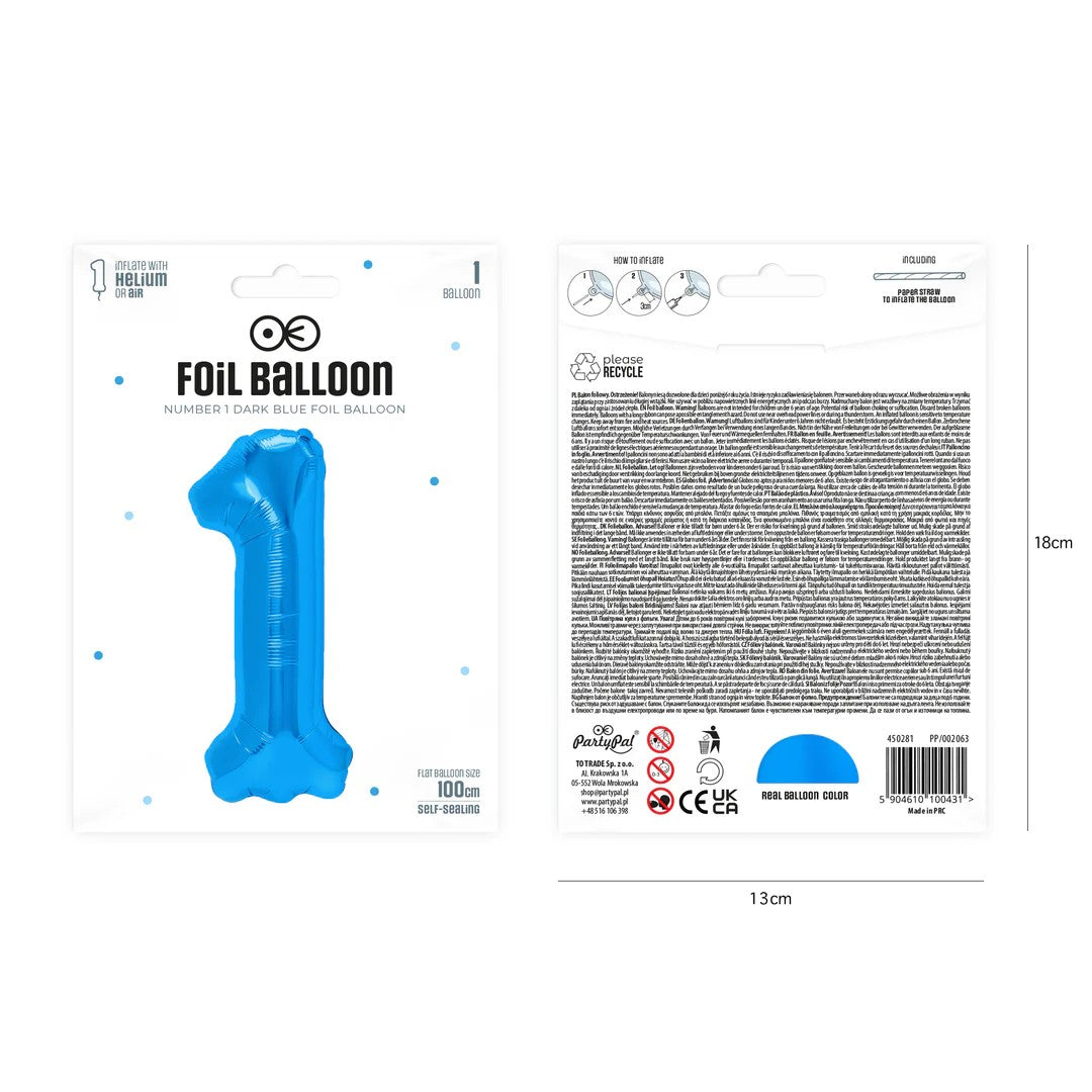 Folienballon Zahl Nr. 1 blau 86cm