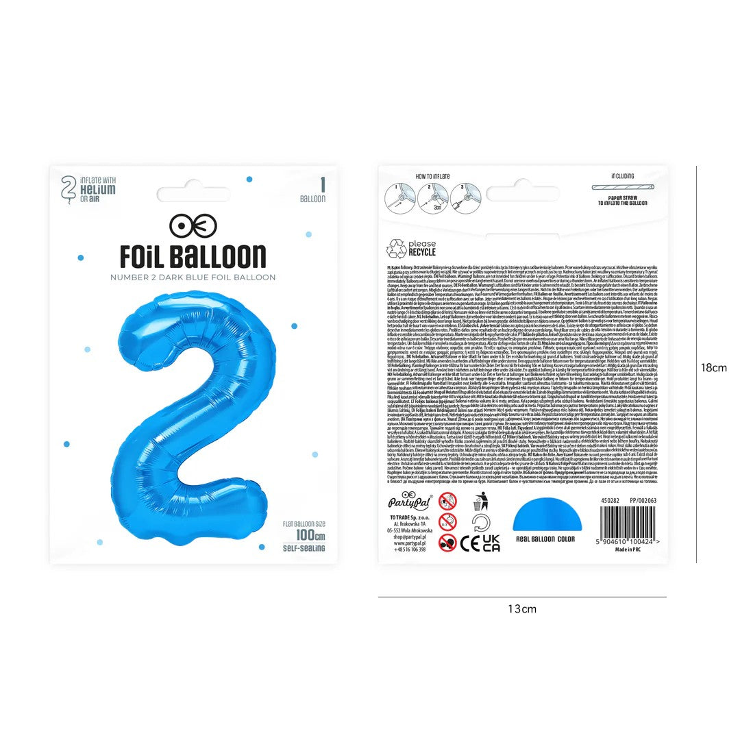 Folienballon Zahl Nr. 2 blau 86cm