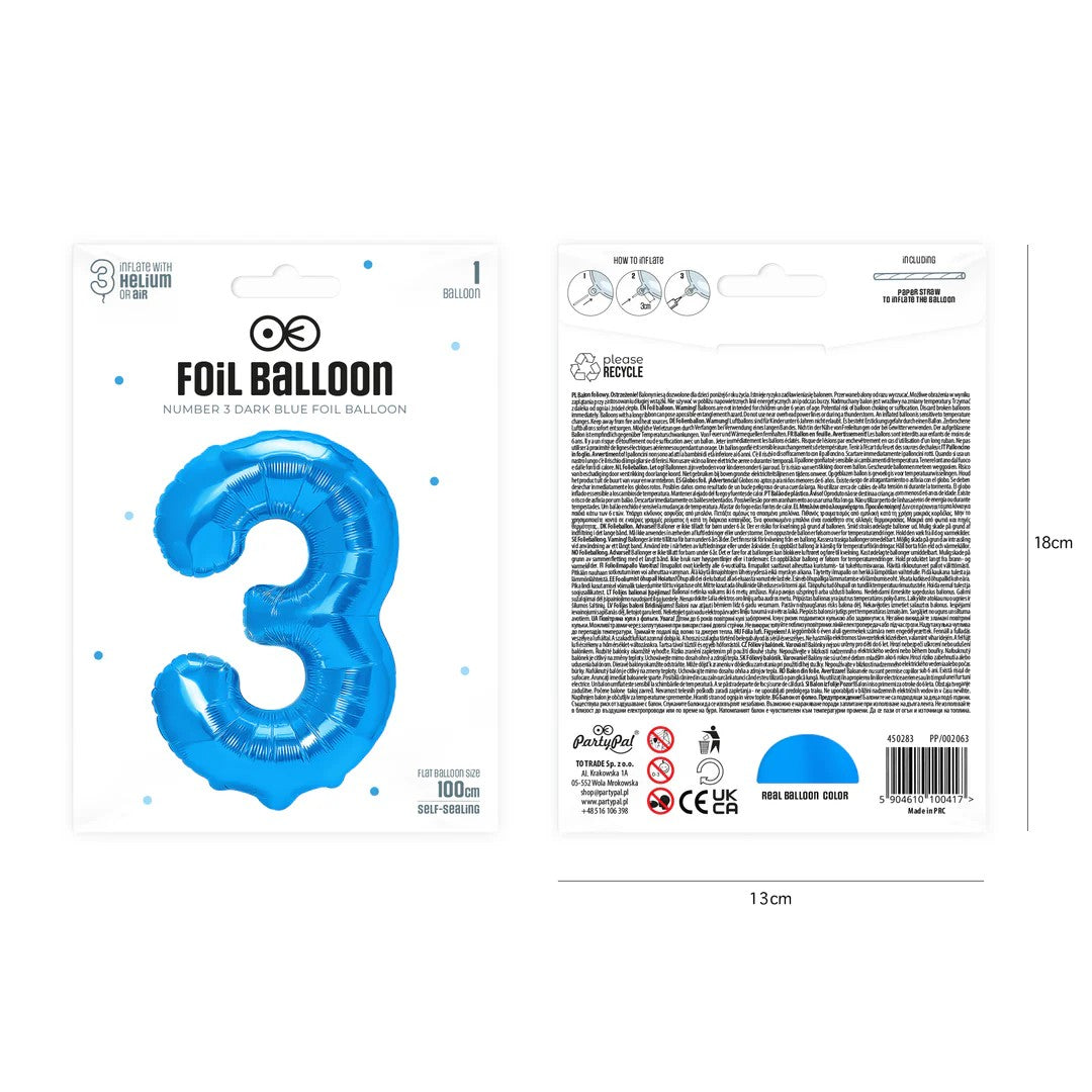 Folienballon Zahl Nr. 3 blau 86cm