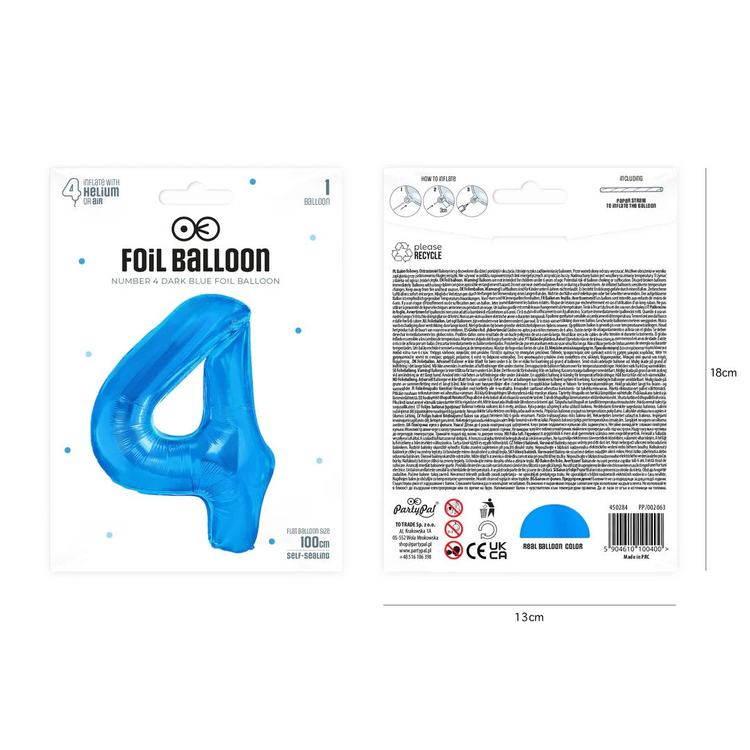 Folienballon Zahl Nr. 4 blau 86cm