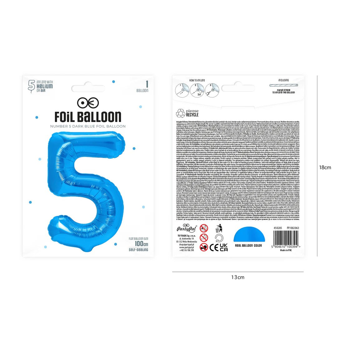 Folienballon Zahl Nr. 5 blau 86cm
