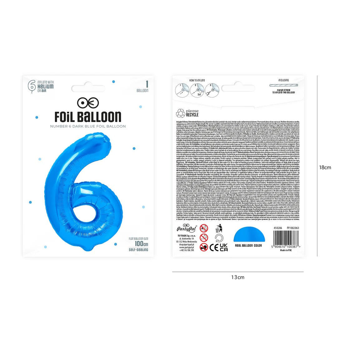 Folienballon Zahl Nr. 6 blau 86cm