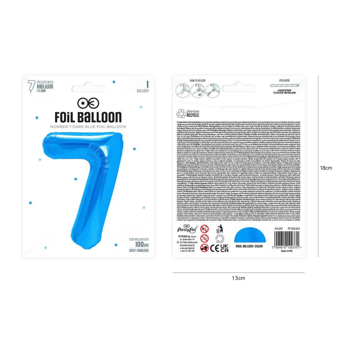 Folienballon Zahl Nr. 7 blau 86cm