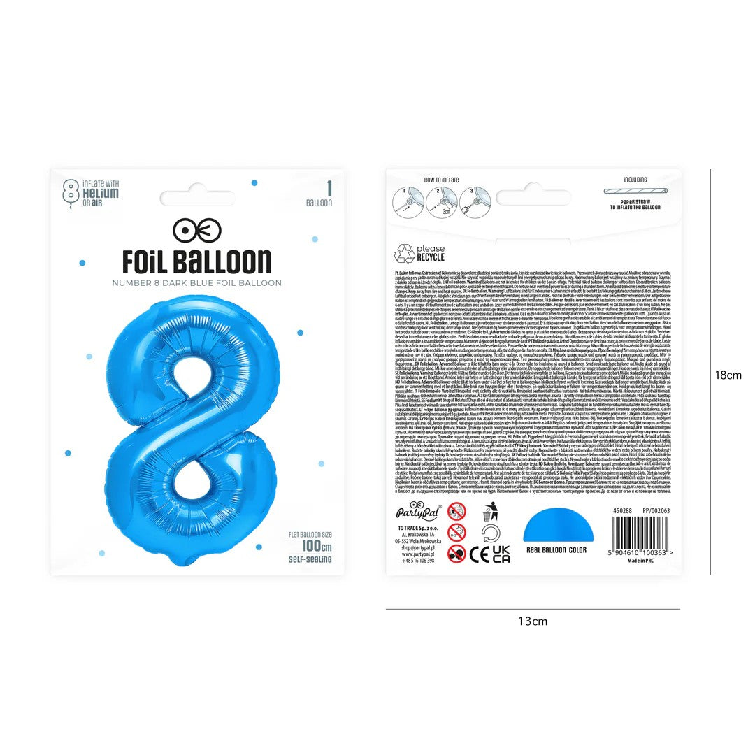 Folienballon Zahl Nr. 8 blau 86cm