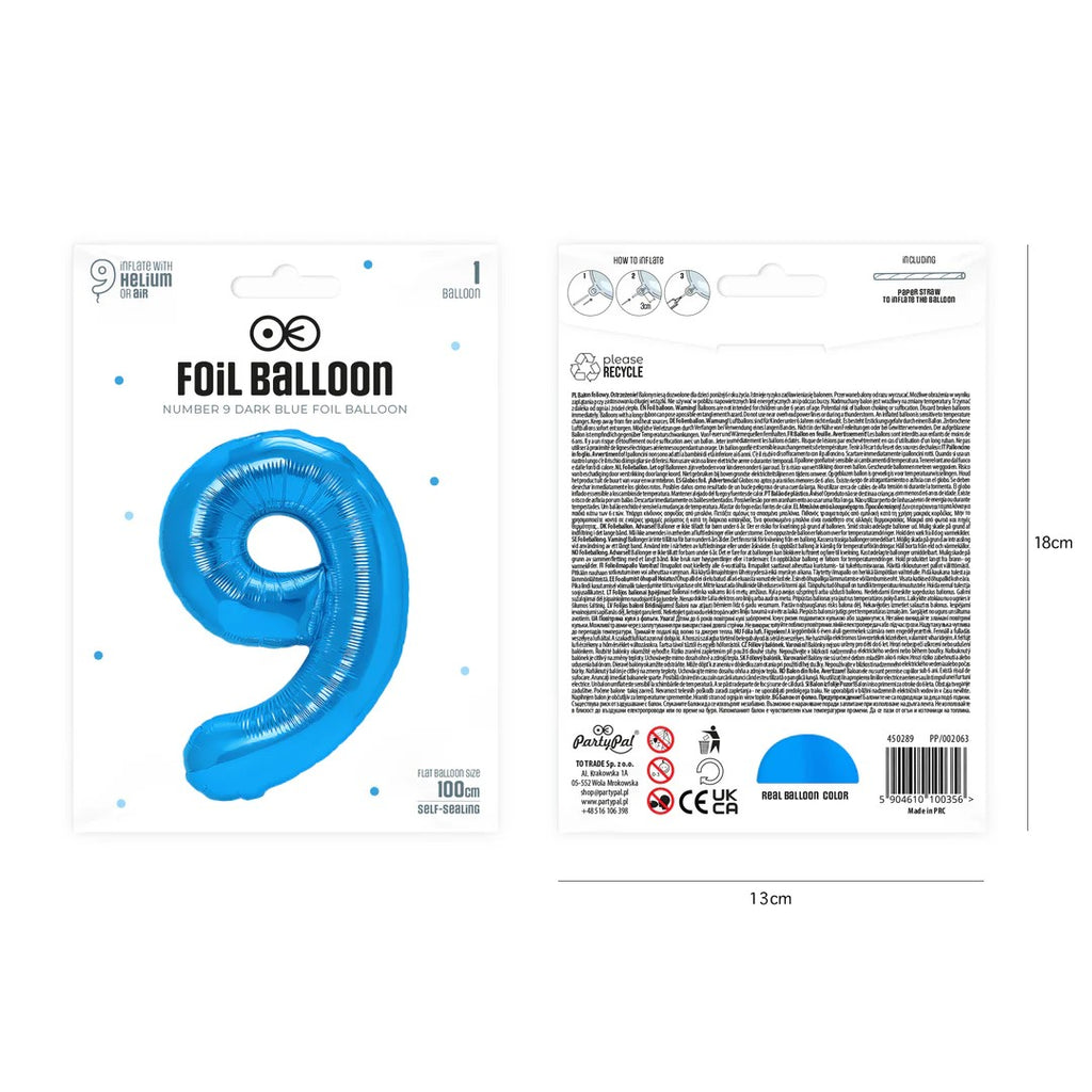 Folienballon Zahl Nr. 9 blau 86cm