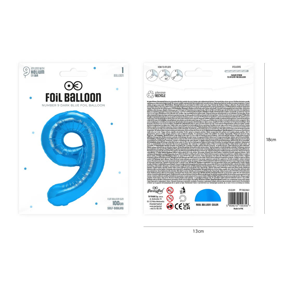Folienballon Zahl Nr. 9 blau 86cm