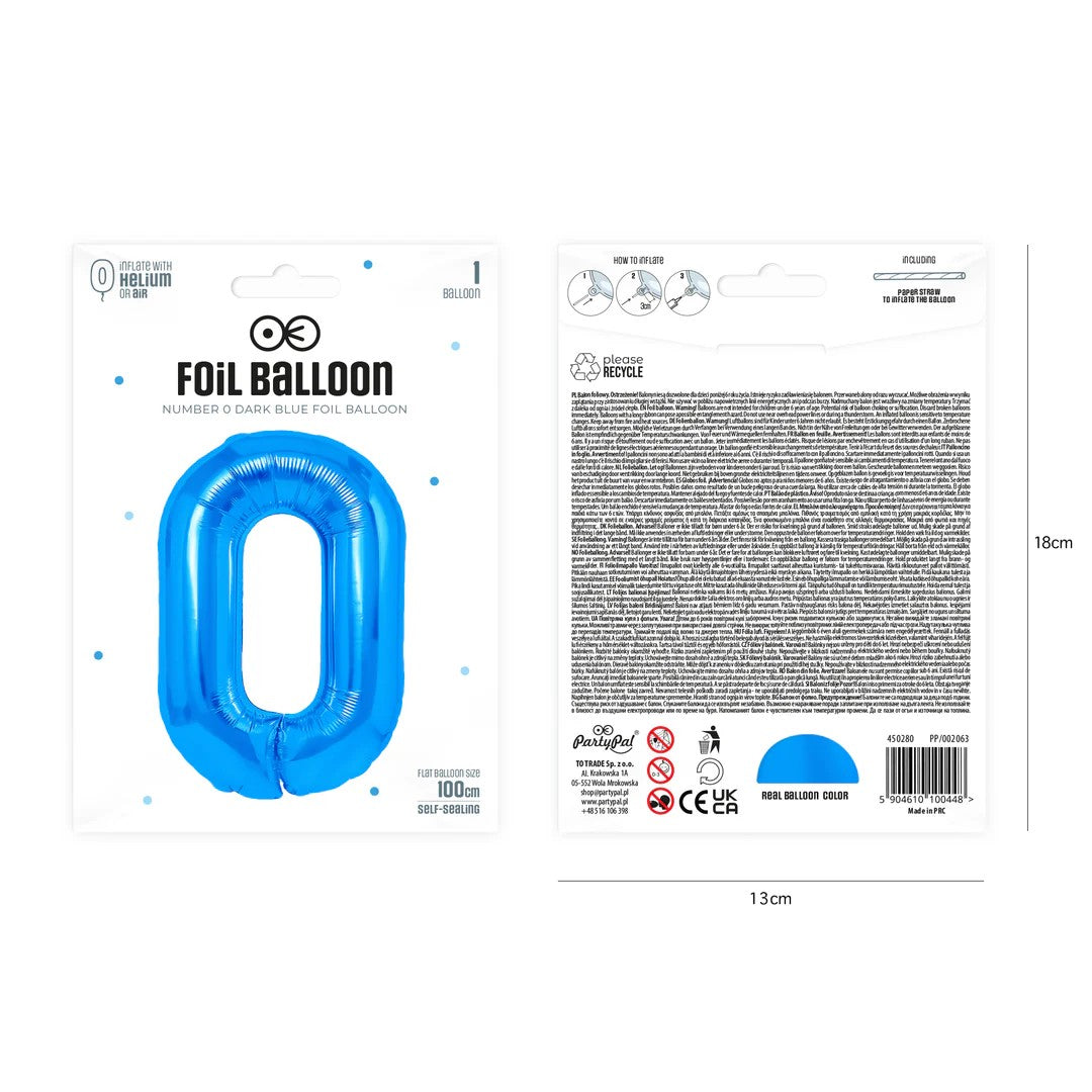 Folienballon Zahl Nr. 0 blau 86cm