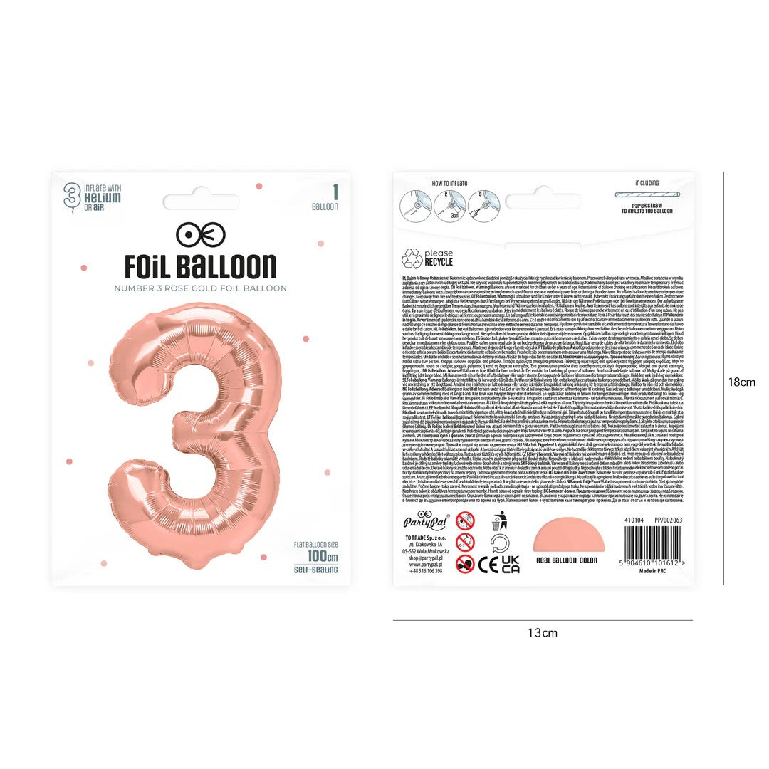 Folienballon Zahl Nr. 3 rosegold 86cm
