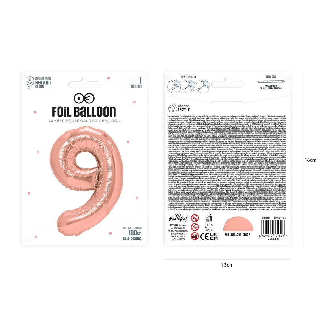 Folienballon Zahl Nr. 9 rosegold 86cm