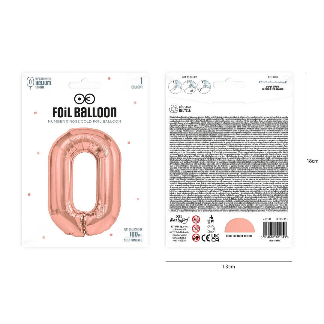 Folienballon Zahl Nr. 0 rosegold 86cm