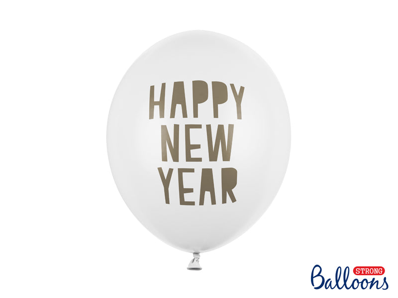 6x Latexballon weiß Happy New Year gold 30cm