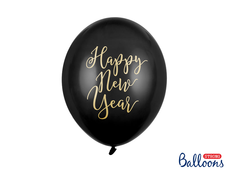 6x Latexballon schwarz Happy New Year gold 30cm
