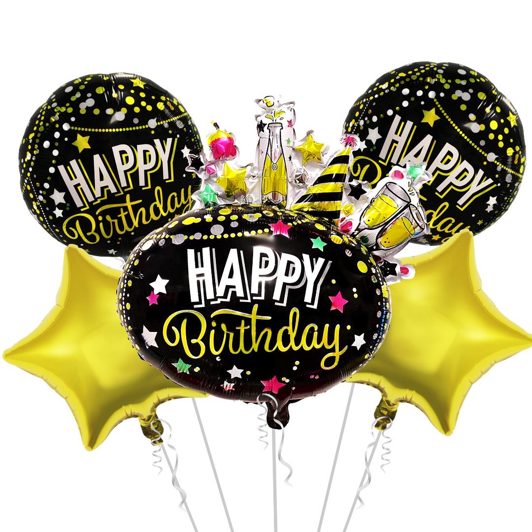 Folienballonset Happy Birthday schwarz/gold Sterne 1x70cm/4x45cm