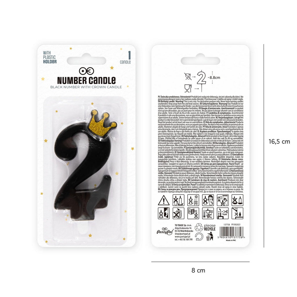Kerze Zahl Nr. 2 mit Krone schwarz 8,8cm