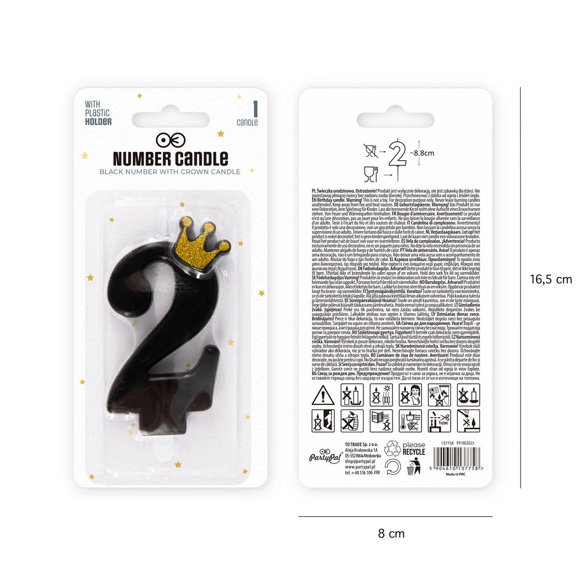 Kerze Zahl Nr. 2 mit Krone schwarz 8,8cm