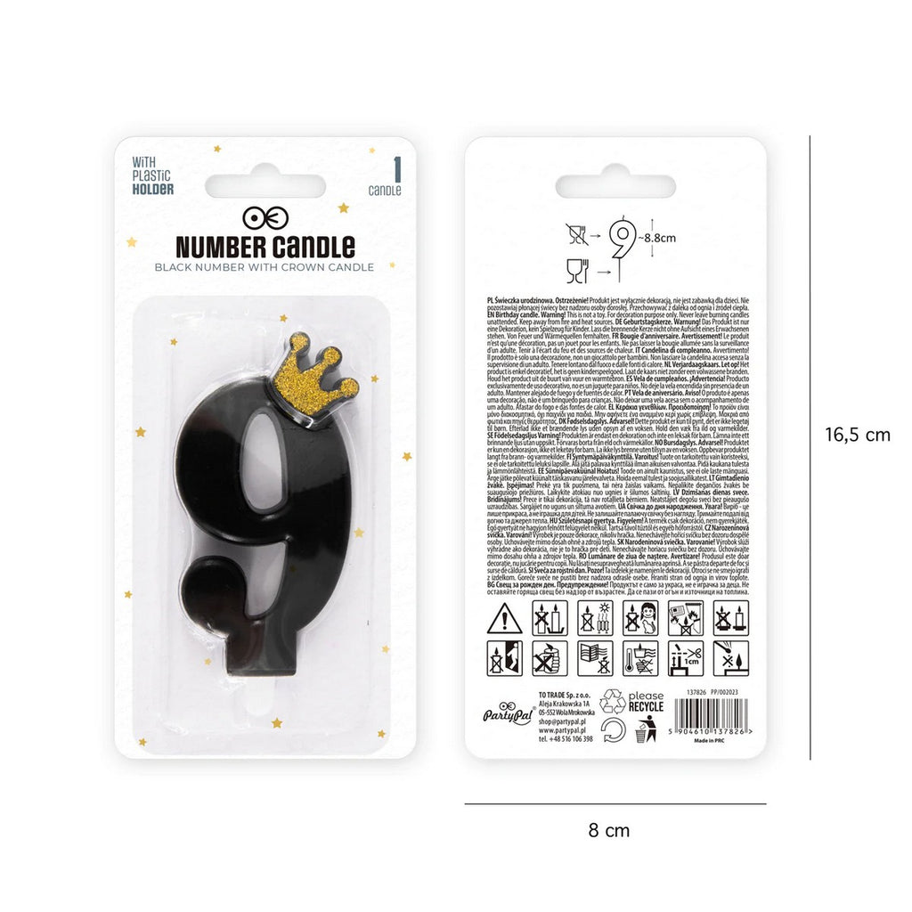Kerze Zahl Nr. 9 mit Krone schwarz 8,8cm