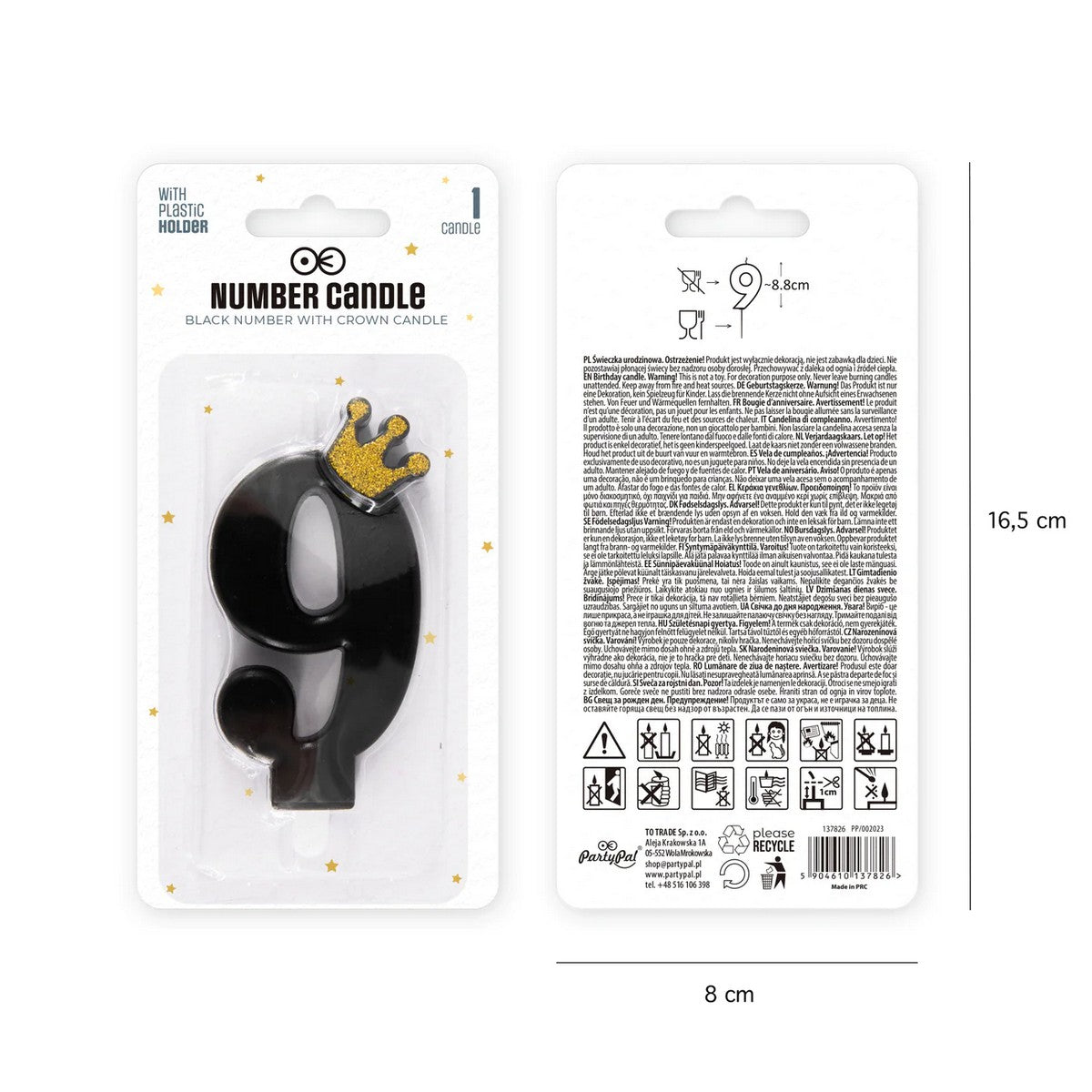 Kerze Zahl Nr. 9 mit Krone schwarz 8,8cm