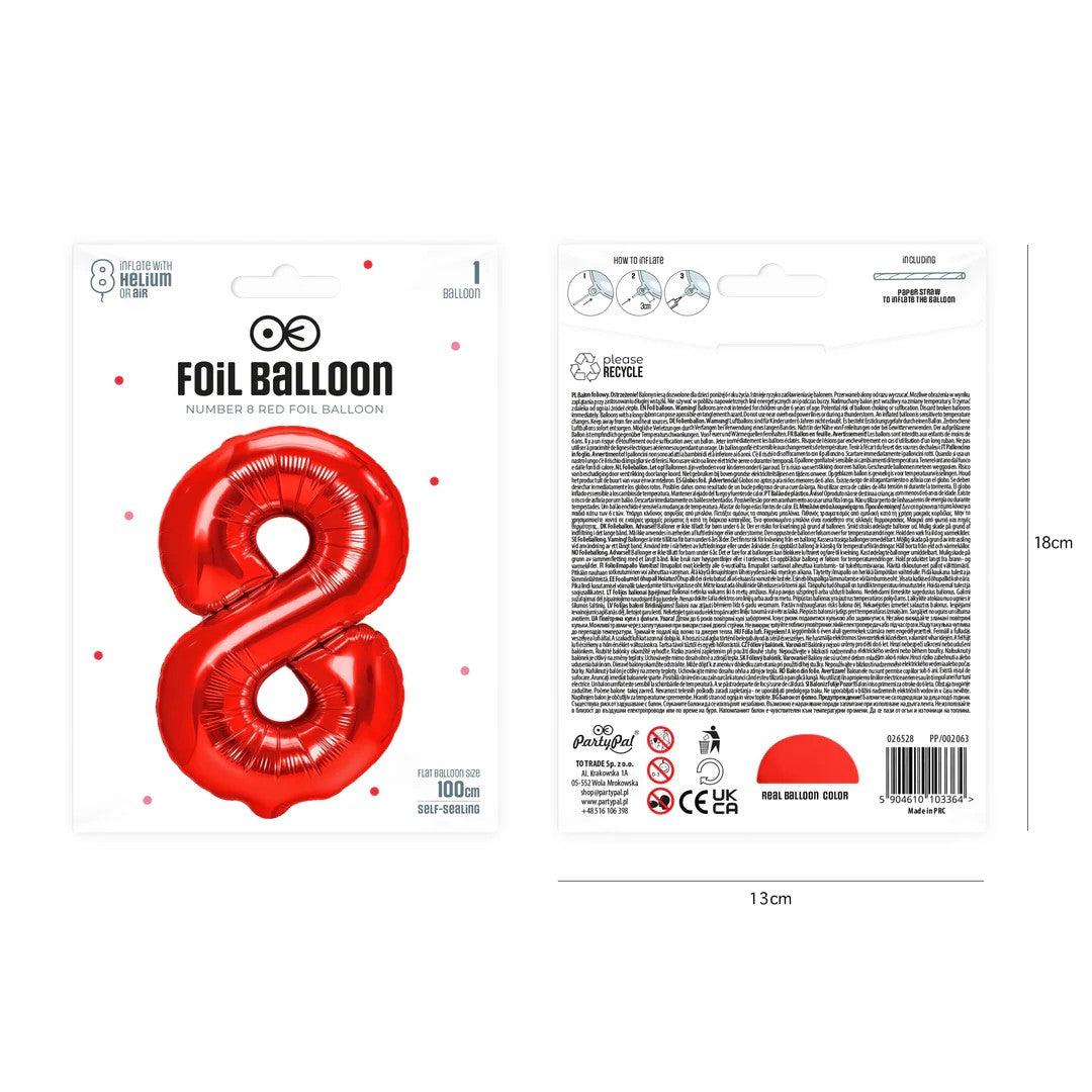 Folienballon Zahl Nr. 8 rot 86cm