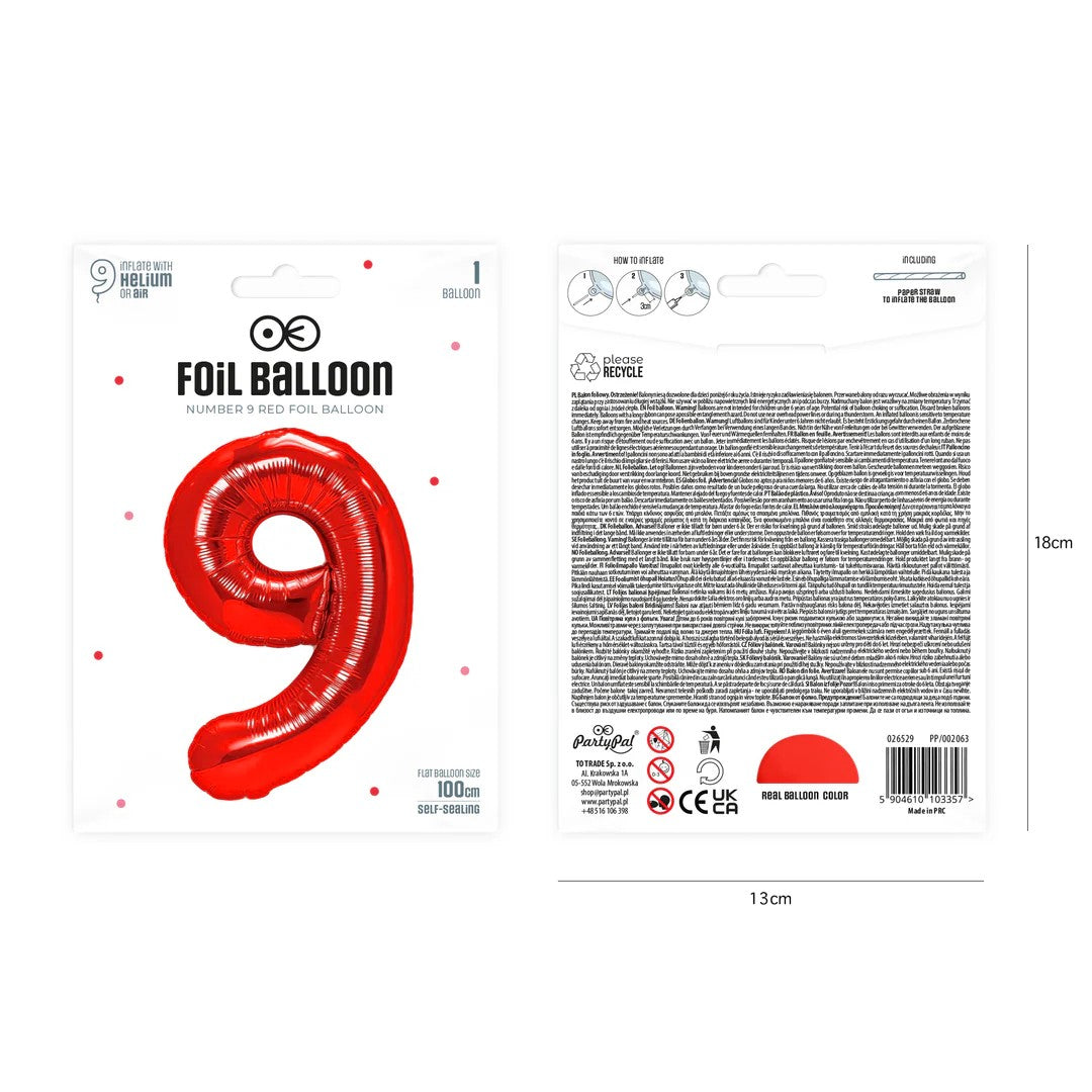 Folienballon Zahl Nr. 9 rot 86cm