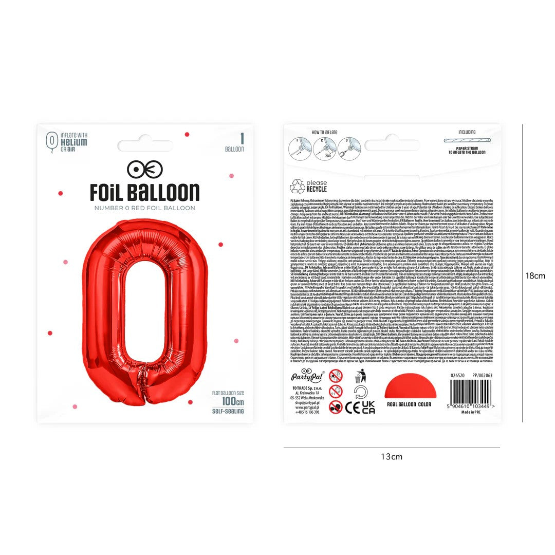 Folienballon Zahl Nr. 0 rot 86cm