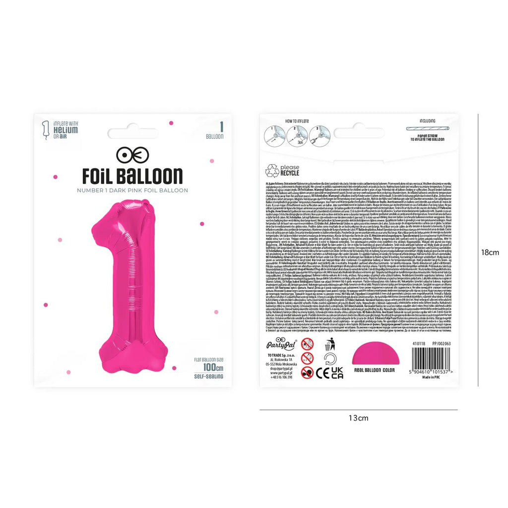 Folienballon Zahl Nr. 1 pink 86cm