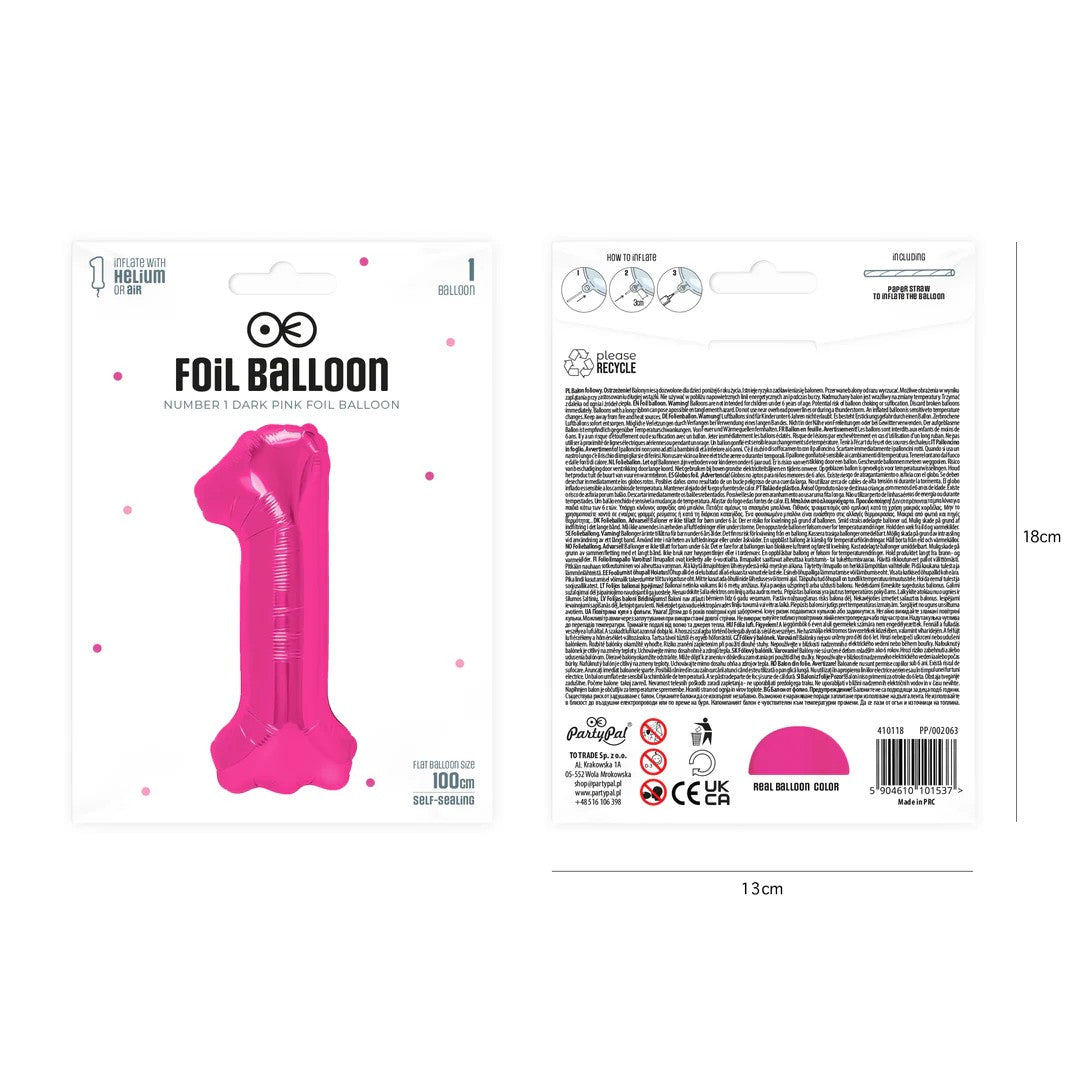 Folienballon Zahl Nr. 1 pink 86cm
