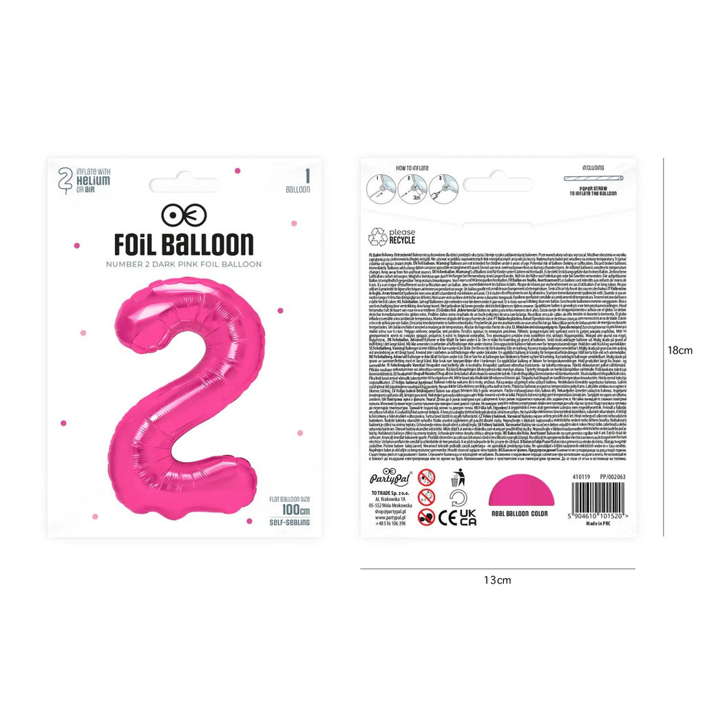 Folienballon Zahl Nr. 2 pink 86cm