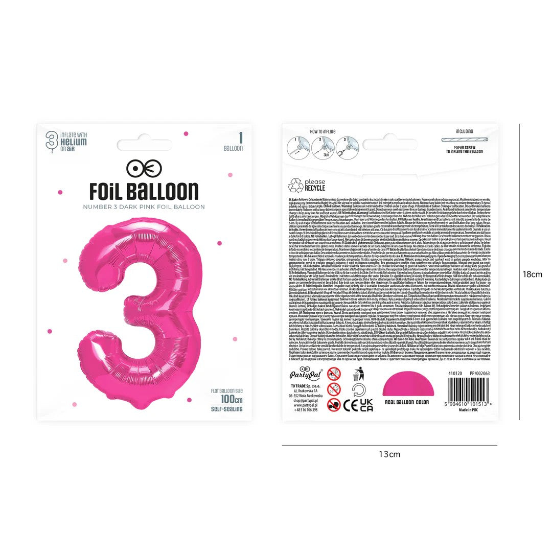 Folienballon Zahl Nr. 3 pink 86cm