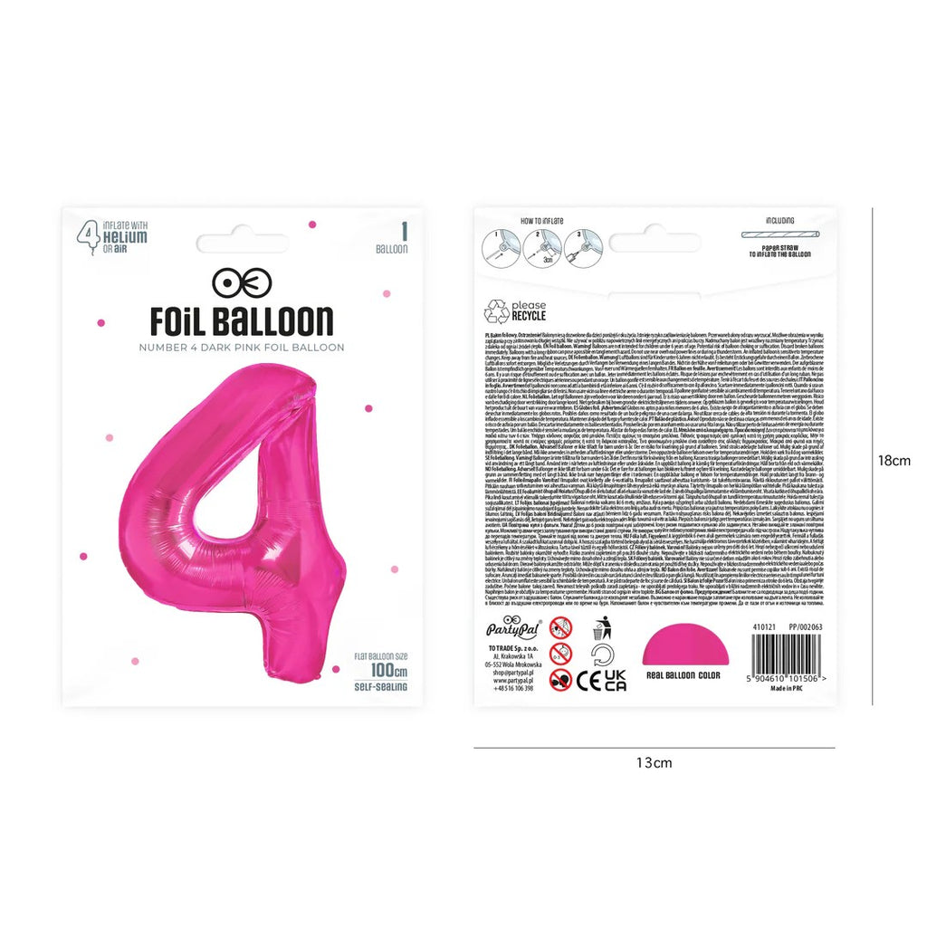 Folienballon Zahl Nr. 4 pink 86cm