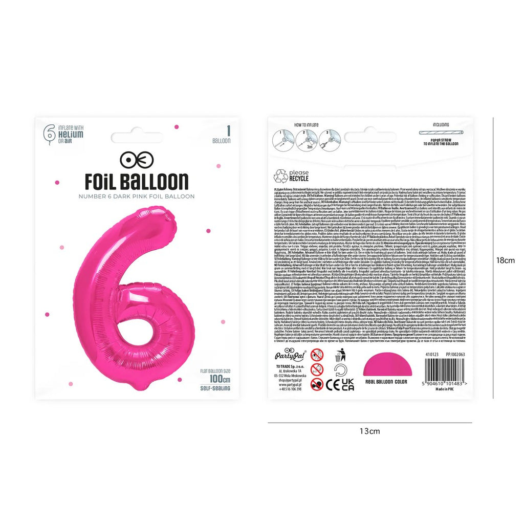Folienballon Zahl Nr. 6 pink 86cm