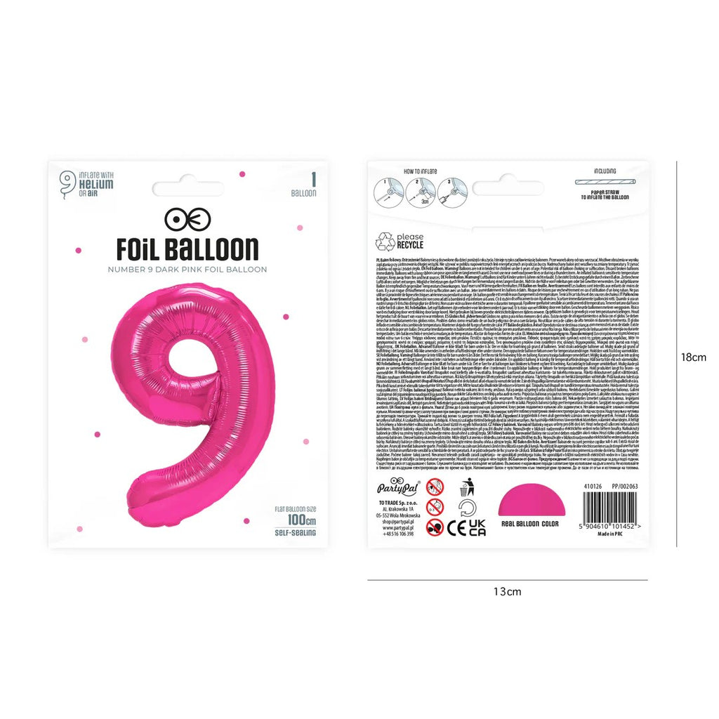 Folienballon Zahl Nr. 9 pink 86cm