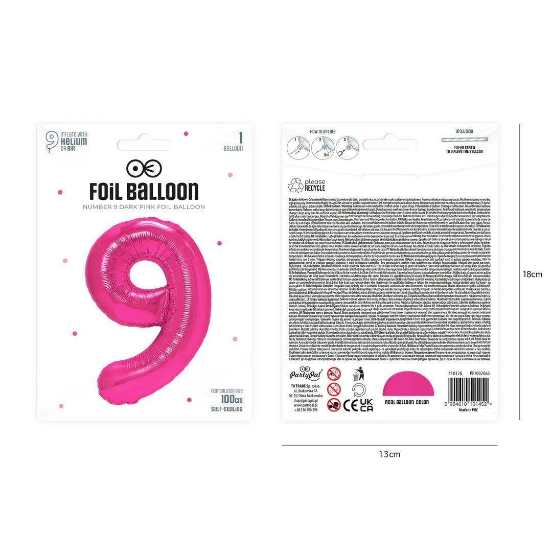 Folienballon Zahl Nr. 9 pink 86cm