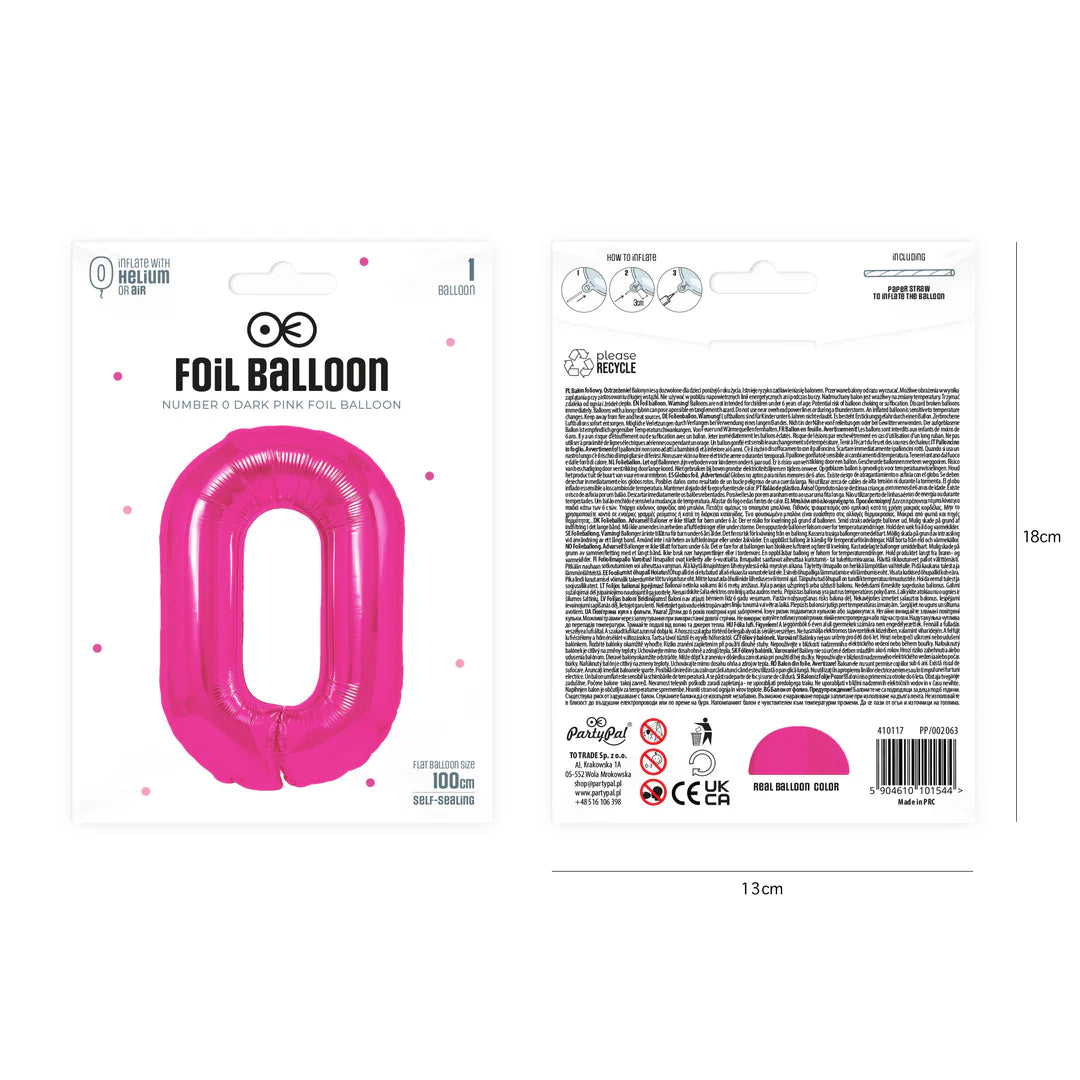 Folienballon Zahl Nr. 0 pink 86cm