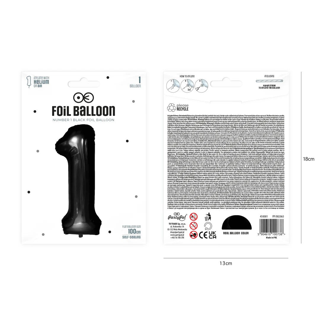 Folienballon Zahl Nr. 1 schwarz 86cm