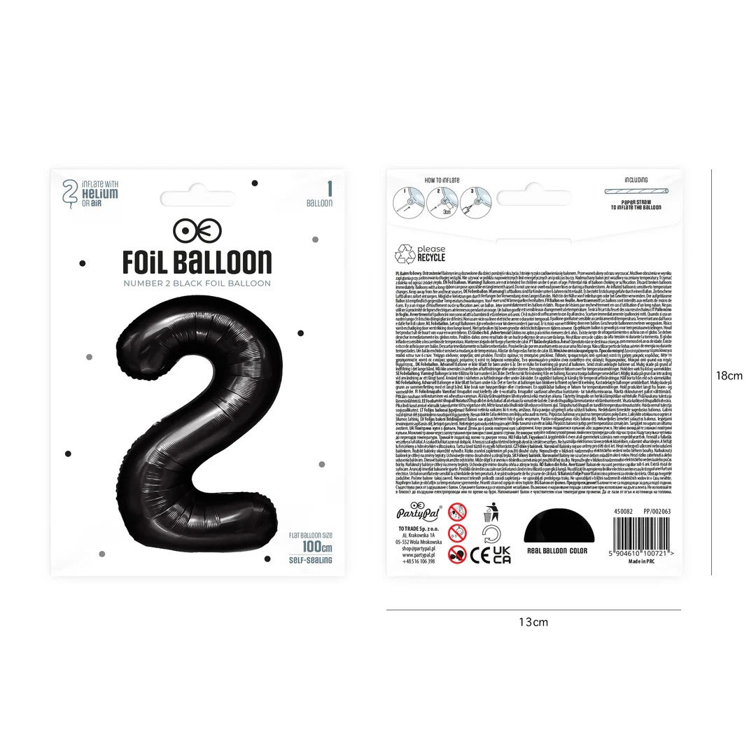 Folienballon Zahl Nr. 2 schwarz 86cm
