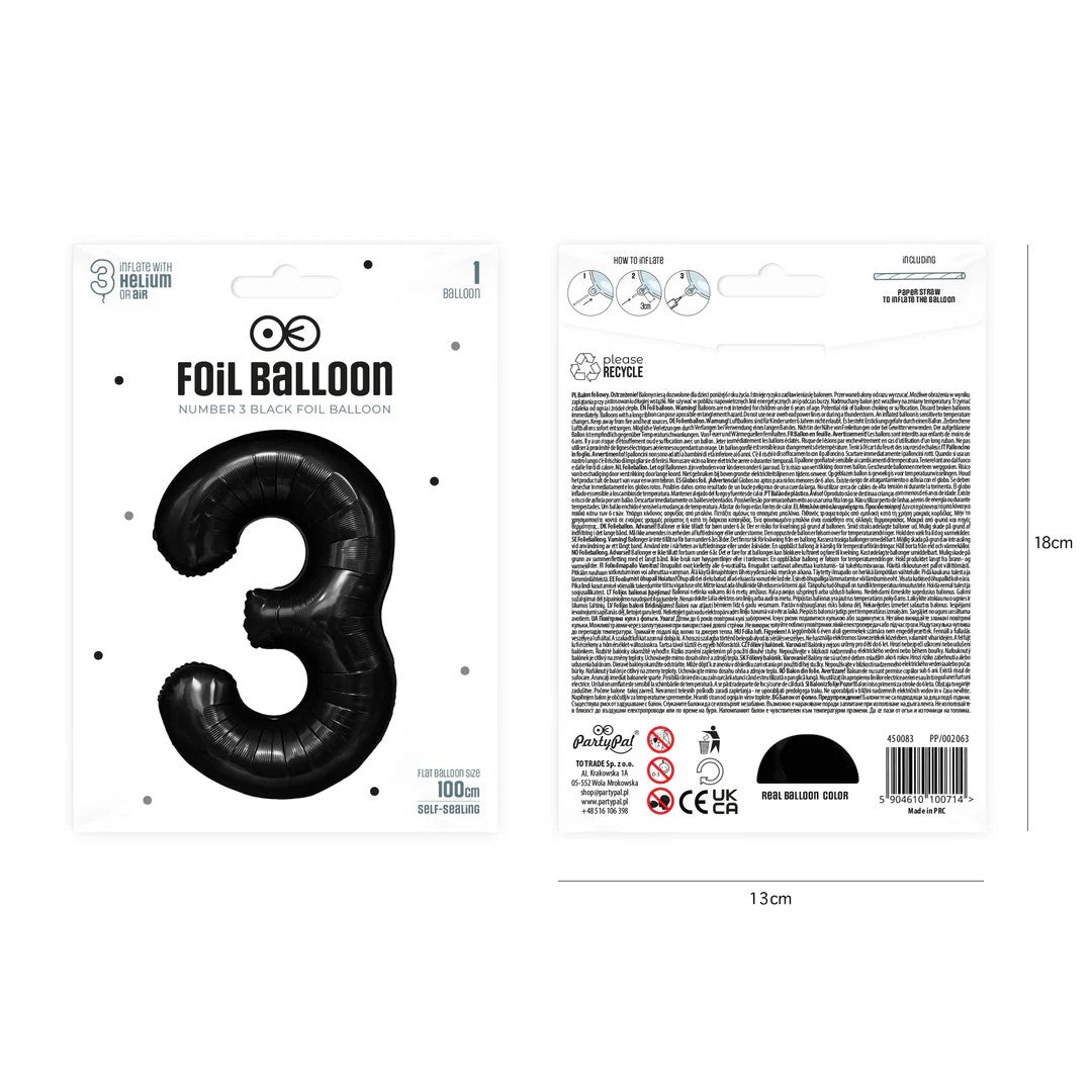 Folienballon Zahl Nr. 3 schwarz 86cm