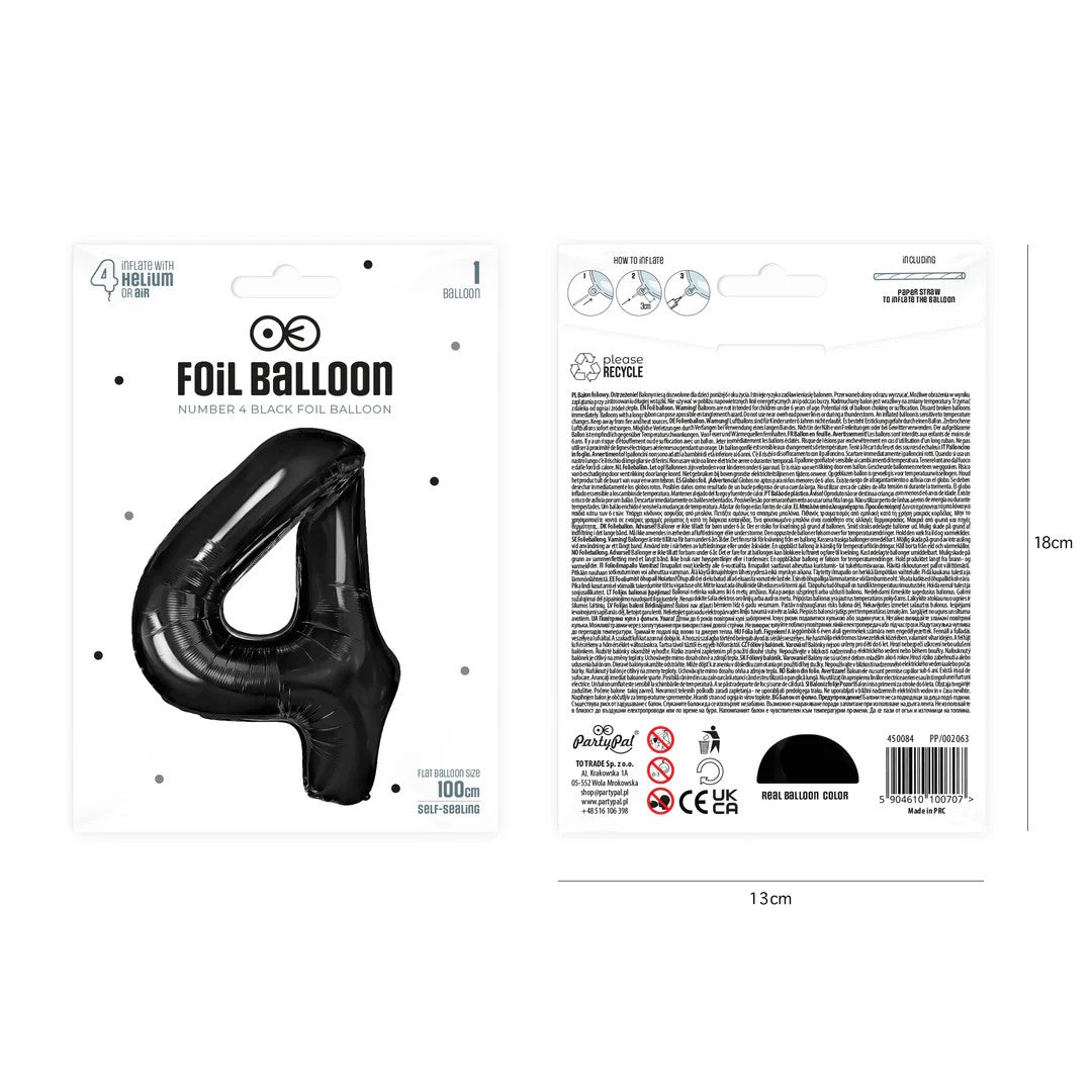 Folienballon Zahl Nr. 4 schwarz 86cm