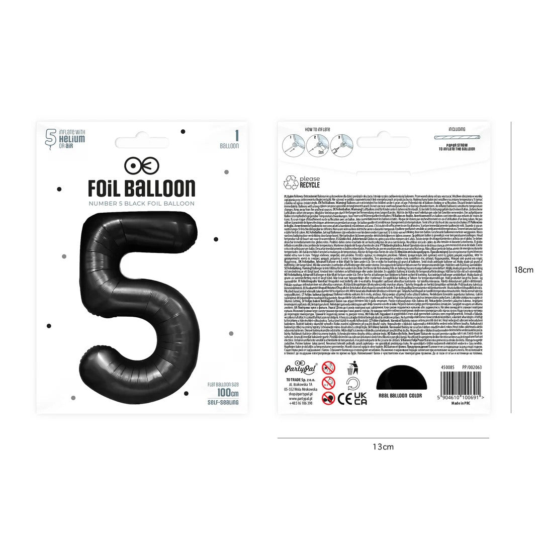 Folienballon Zahl Nr. 5 schwarz 86cm