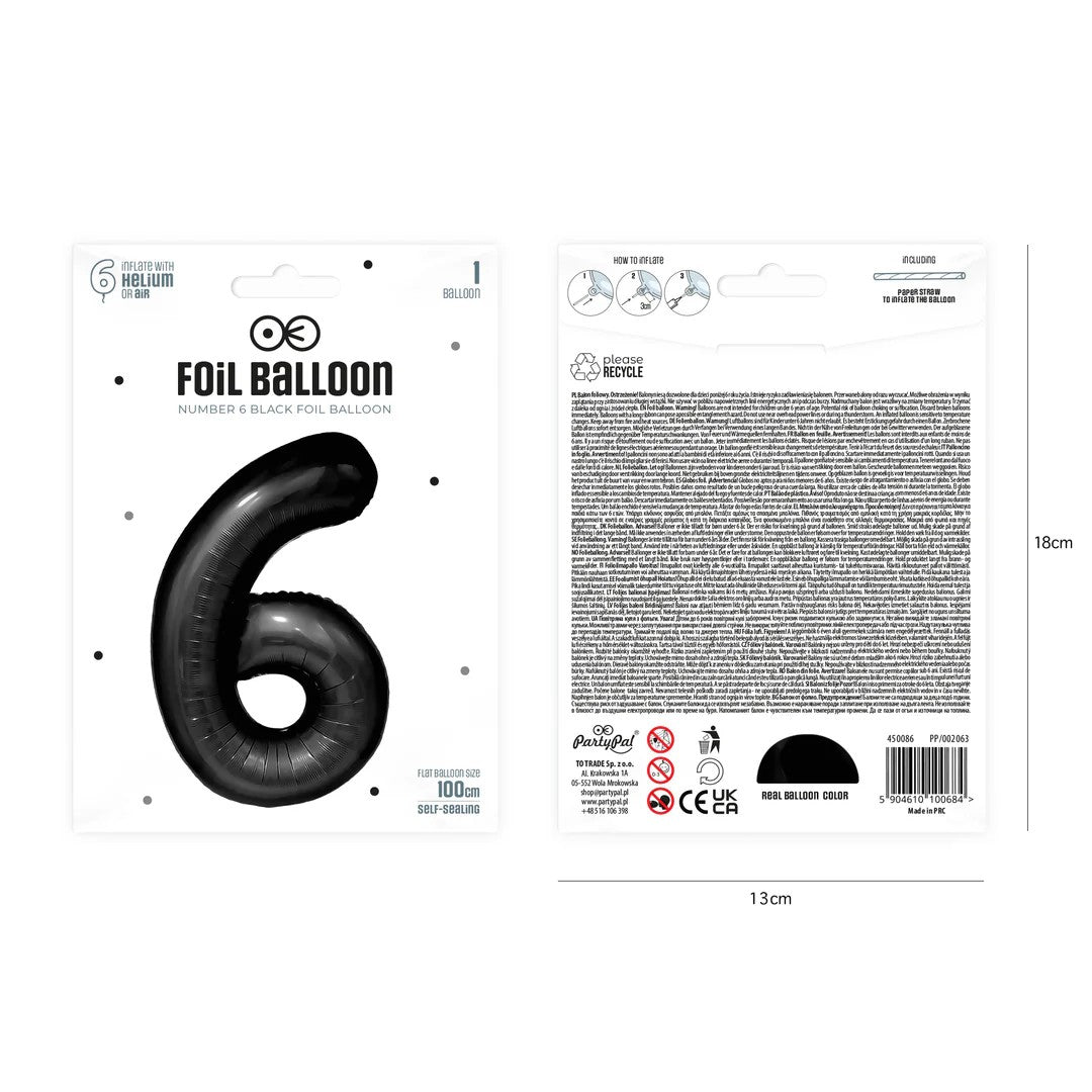 Folienballon Zahl Nr. 6 schwarz 86cm