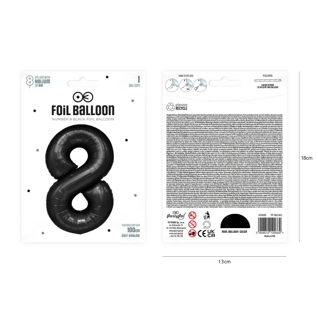 Folienballon Zahl Nr. 8 schwarz 86cm