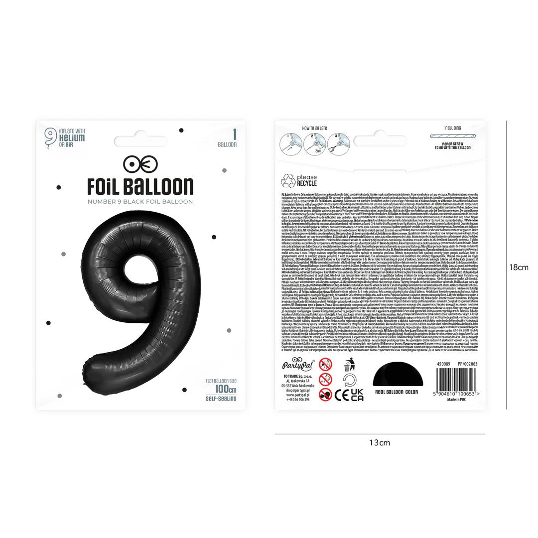 Folienballon Zahl Nr. 9 schwarz 86cm