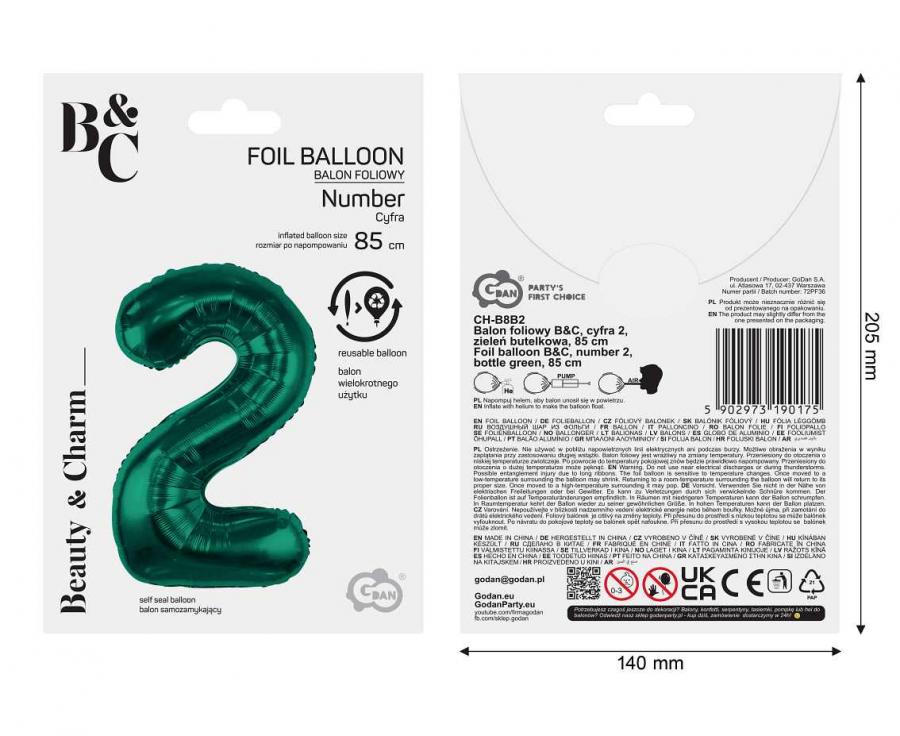 Folienballon Zahl Nr. 2 dunkelgrün 86cm