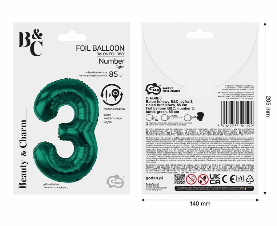 Folienballon Zahl Nr. 3 dunkelgrün 86cm