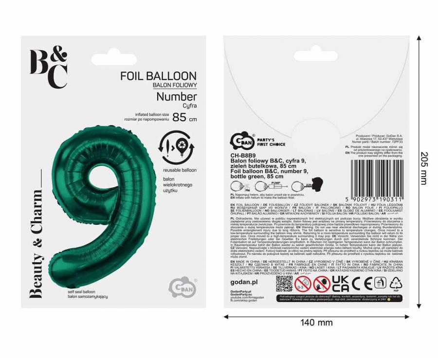 Folienballon Zahl Nr. 9 dunkelgrün 86cm