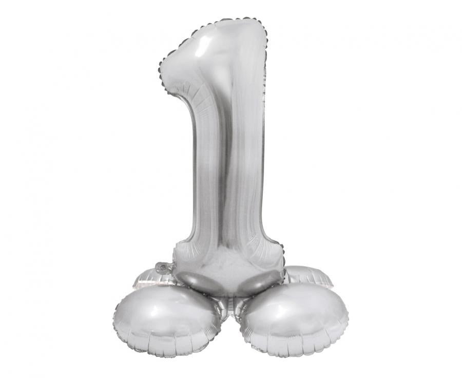 Folienballon Zahl Nr. 1 silber 72cm luftbefüllbar mit Standfuss